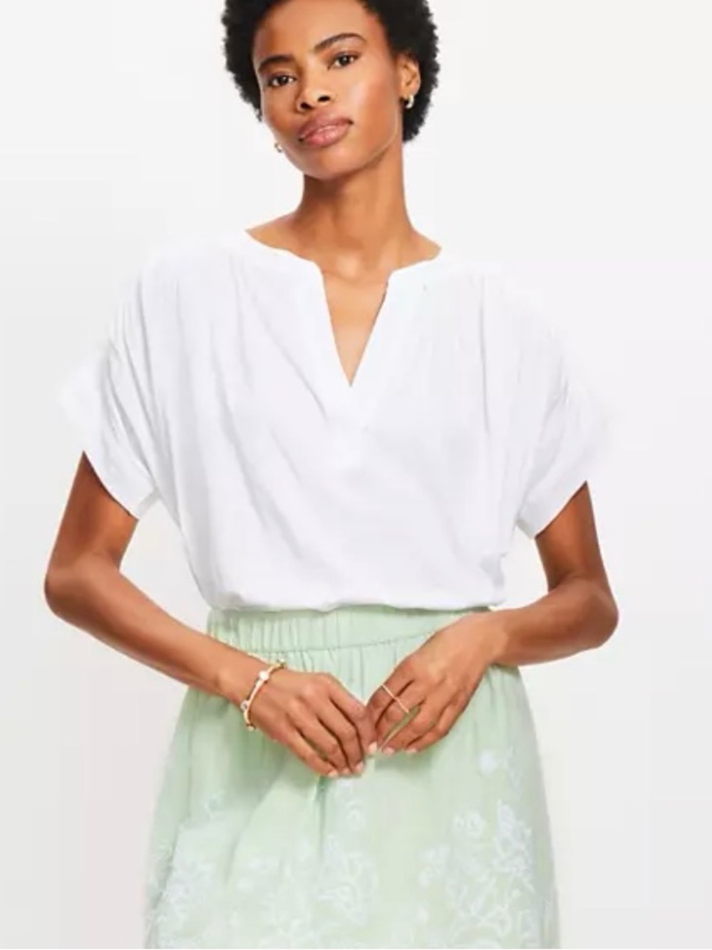 Loft split neck mix media top